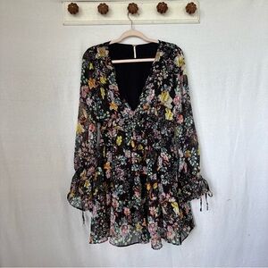 Free People Black Floral Long Sleeve Mini Dress